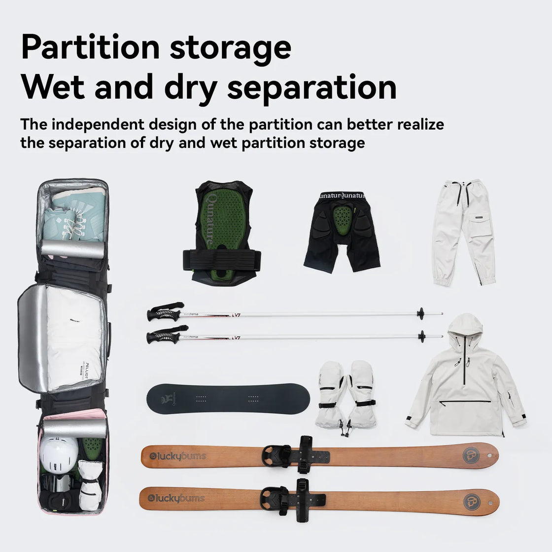 This pink snowboard bag with PU wheels has a reasonable internal space distribution to achieve dry and wet separation.