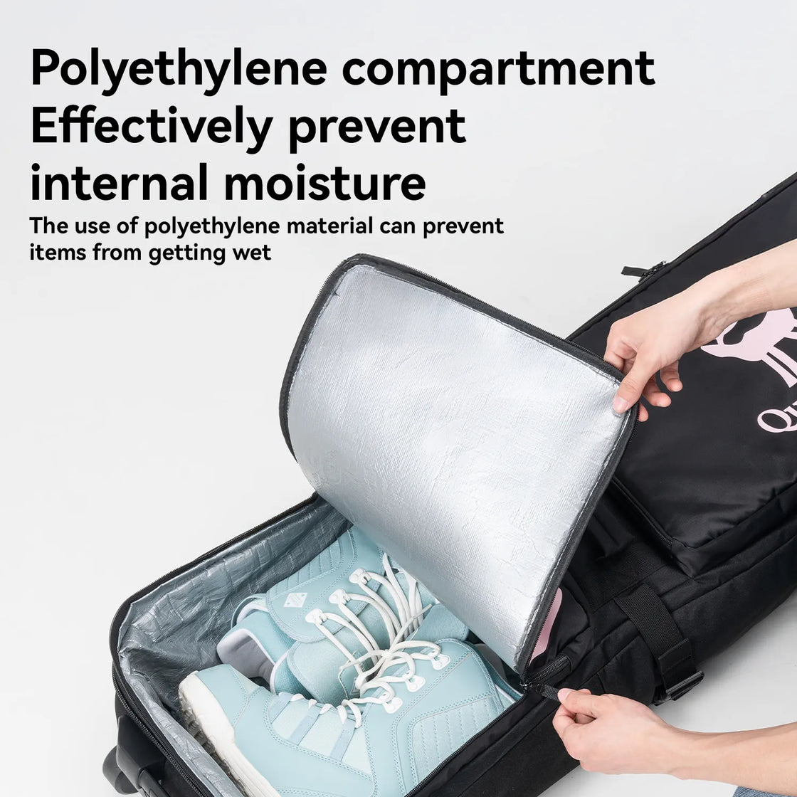 This pink snowboard bag with PU wheels is made of nylon fabric on the outside, which is effectively waterproof.