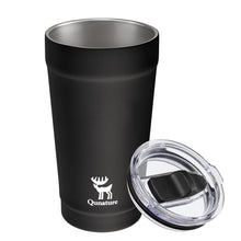 Black insulated tumbler with clear lid on a white background, featuring Qunature logo.