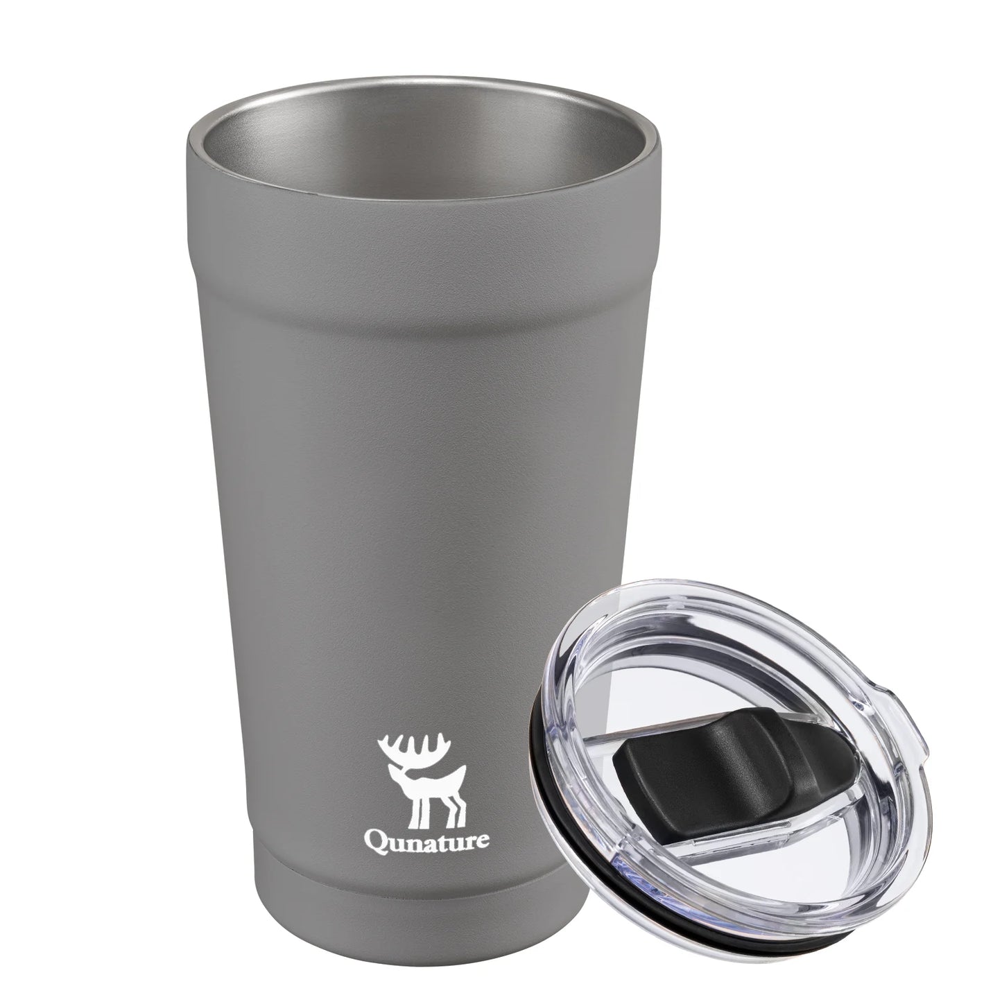Gray insulated tumbler with clear lid and Qunature logo on a white background