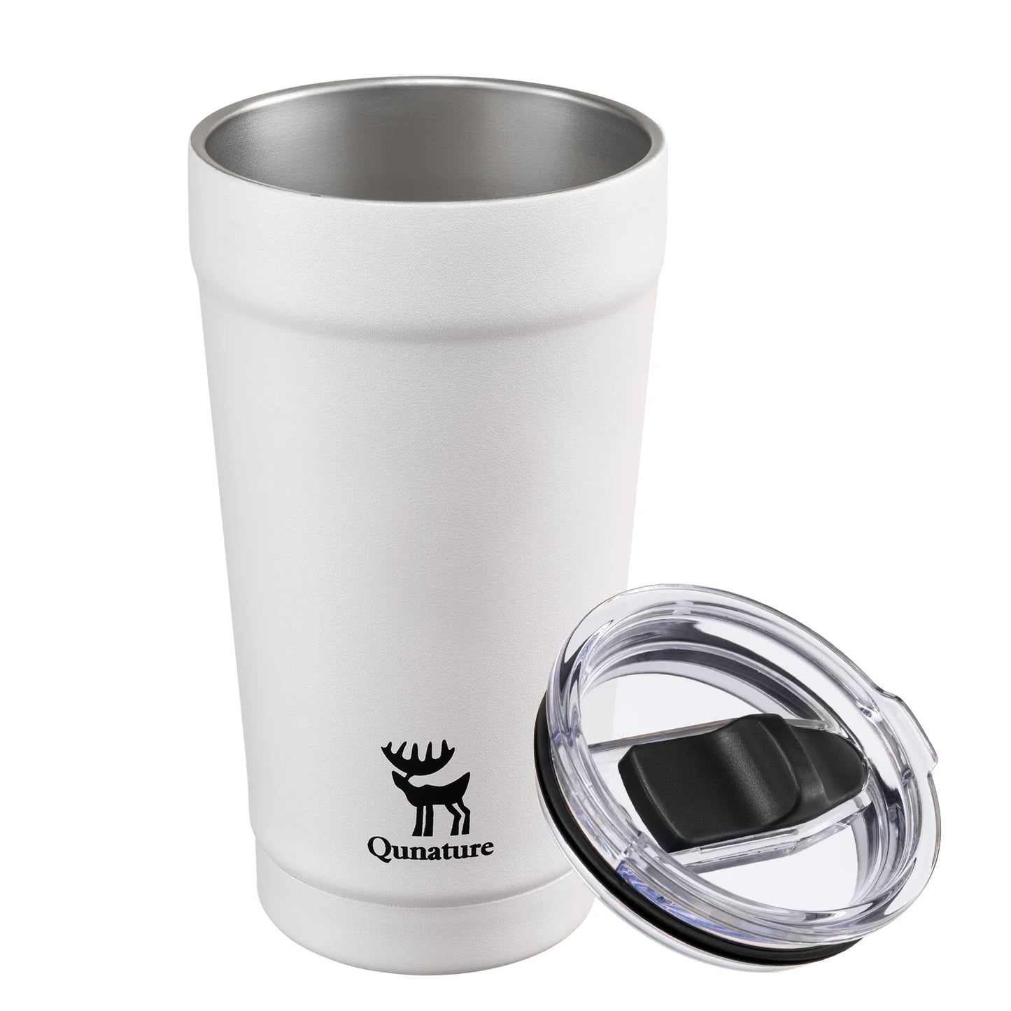 White insulated tumbler with black logo and text on a white background