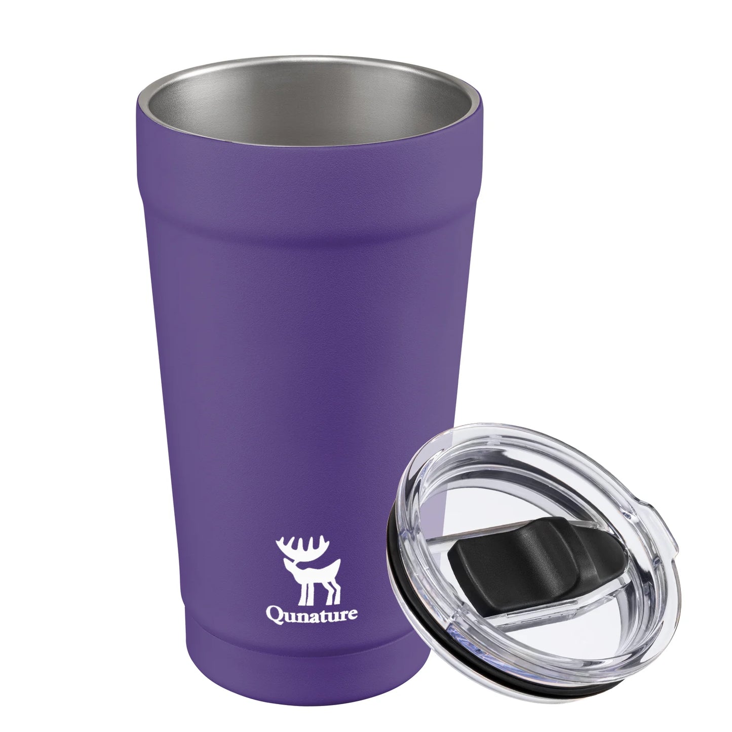 Purple insulated tumbler with clear lid and Qunature logo on a white background