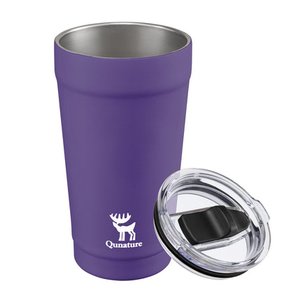 Purple insulated tumbler with clear lid and Qunature logo on a white background