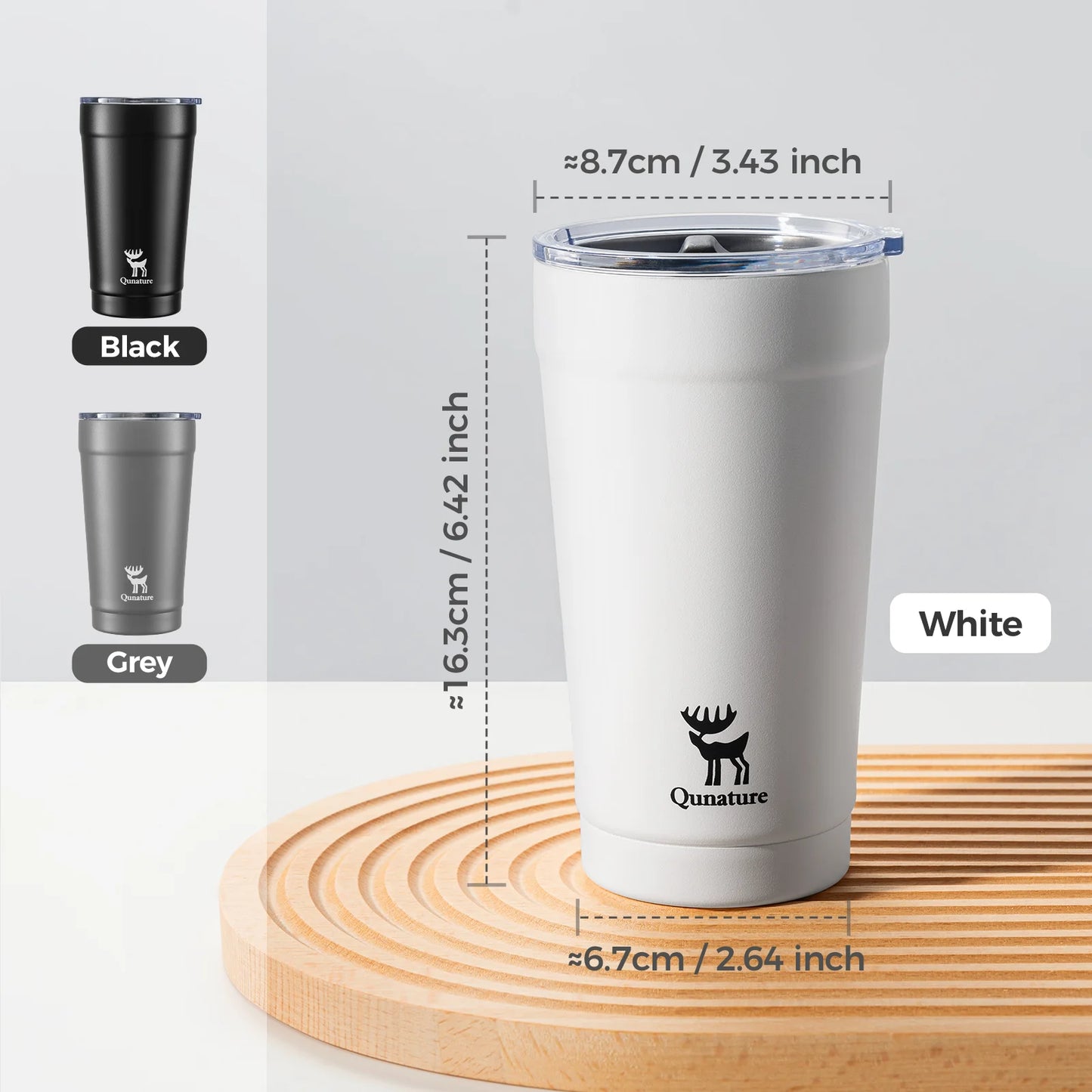 White tumbler with measurements and color options on a wooden surface