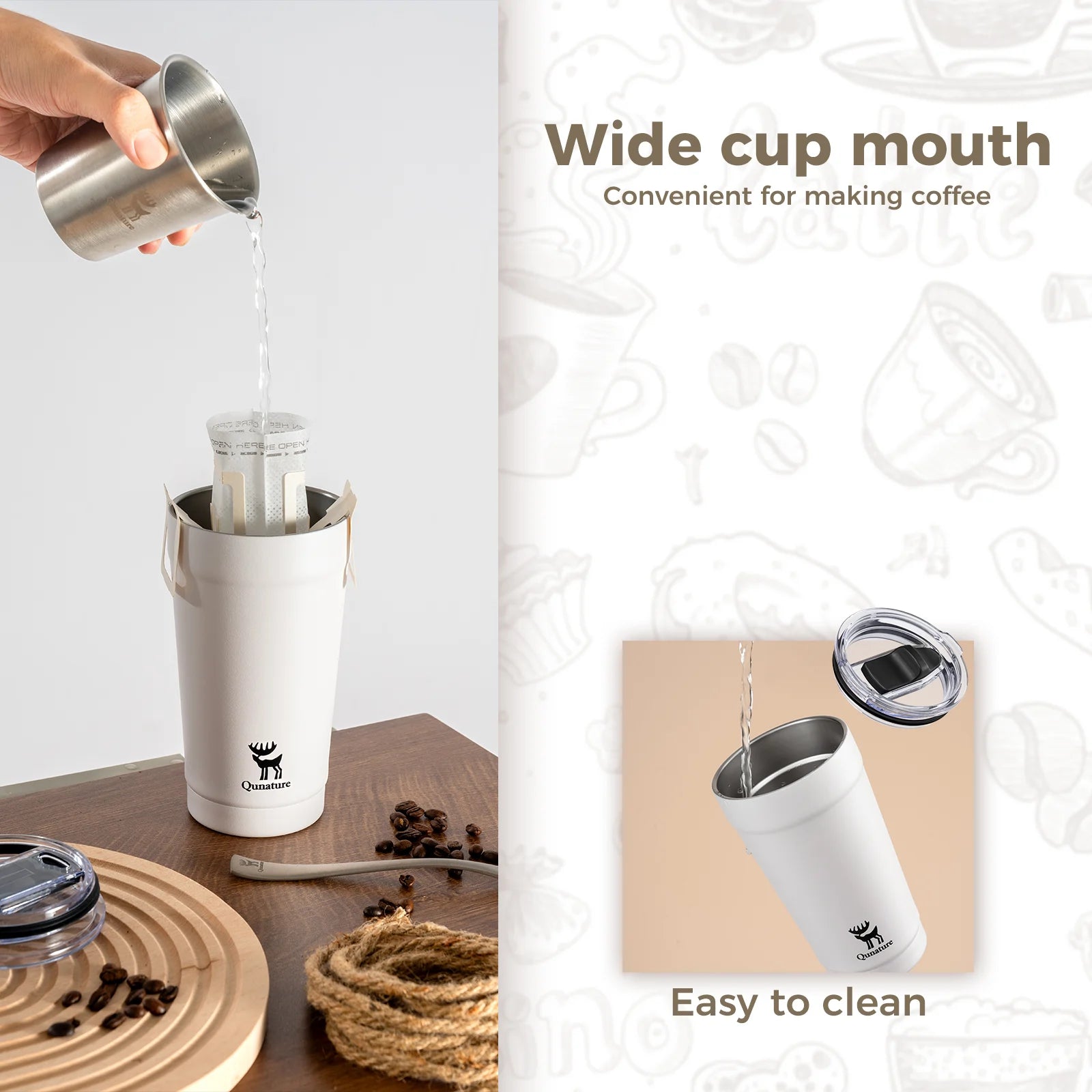 White coffee maker with a wide cup mouth design, shown with coffee beans and a wooden surface.