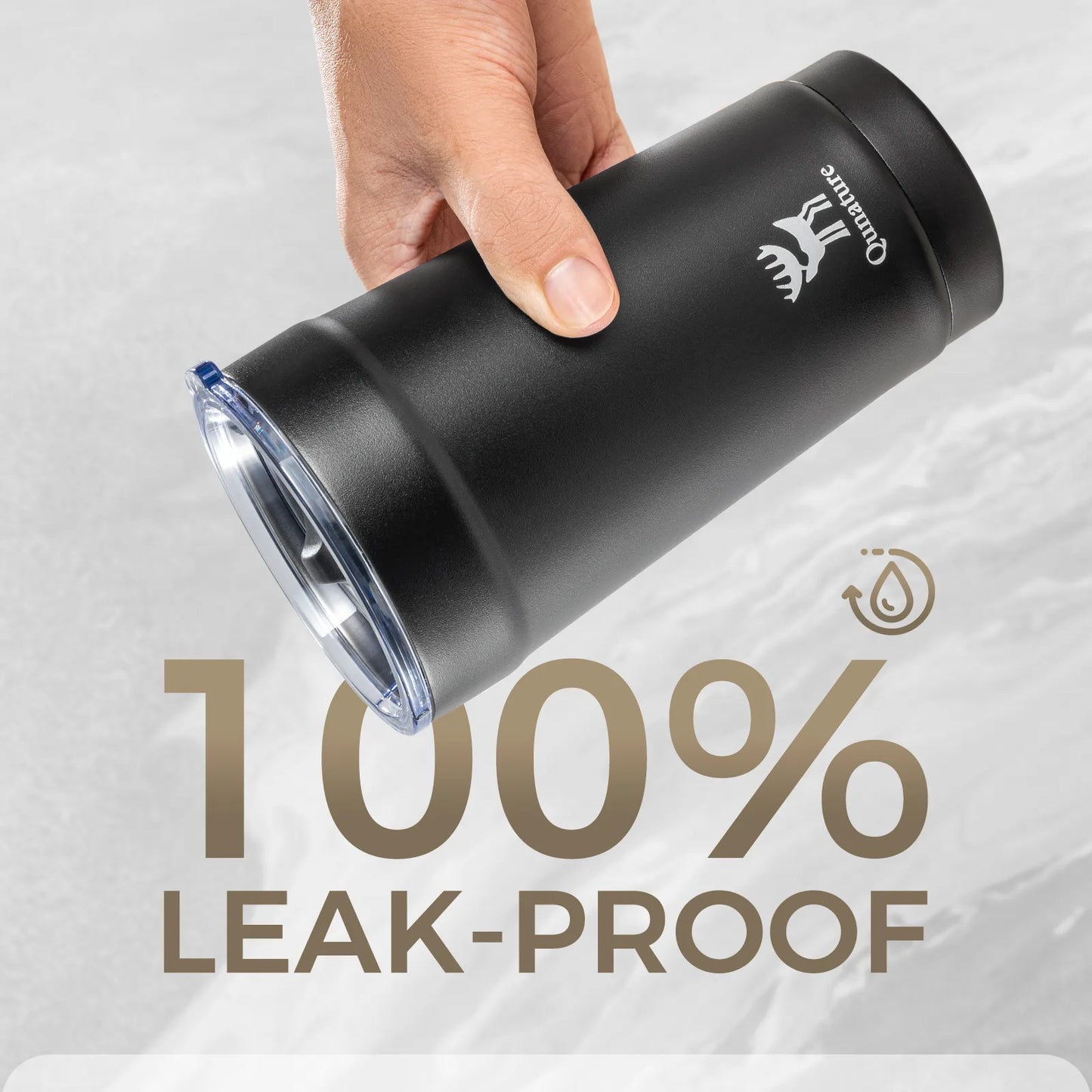 Black tumbler with a hand holding it, on a light gray background with '100% leak-proof' text.