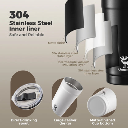 Stainless steel tumbler with features highlighted on a beige background