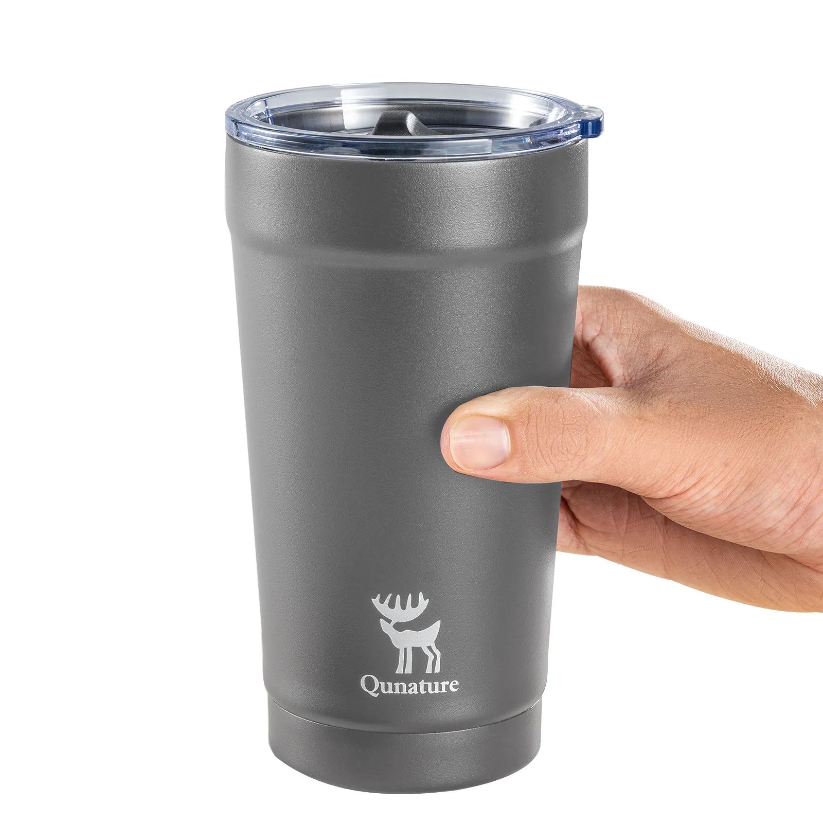 gray insulated tumbler with clear lid on a white background, featuring Qunature logo.