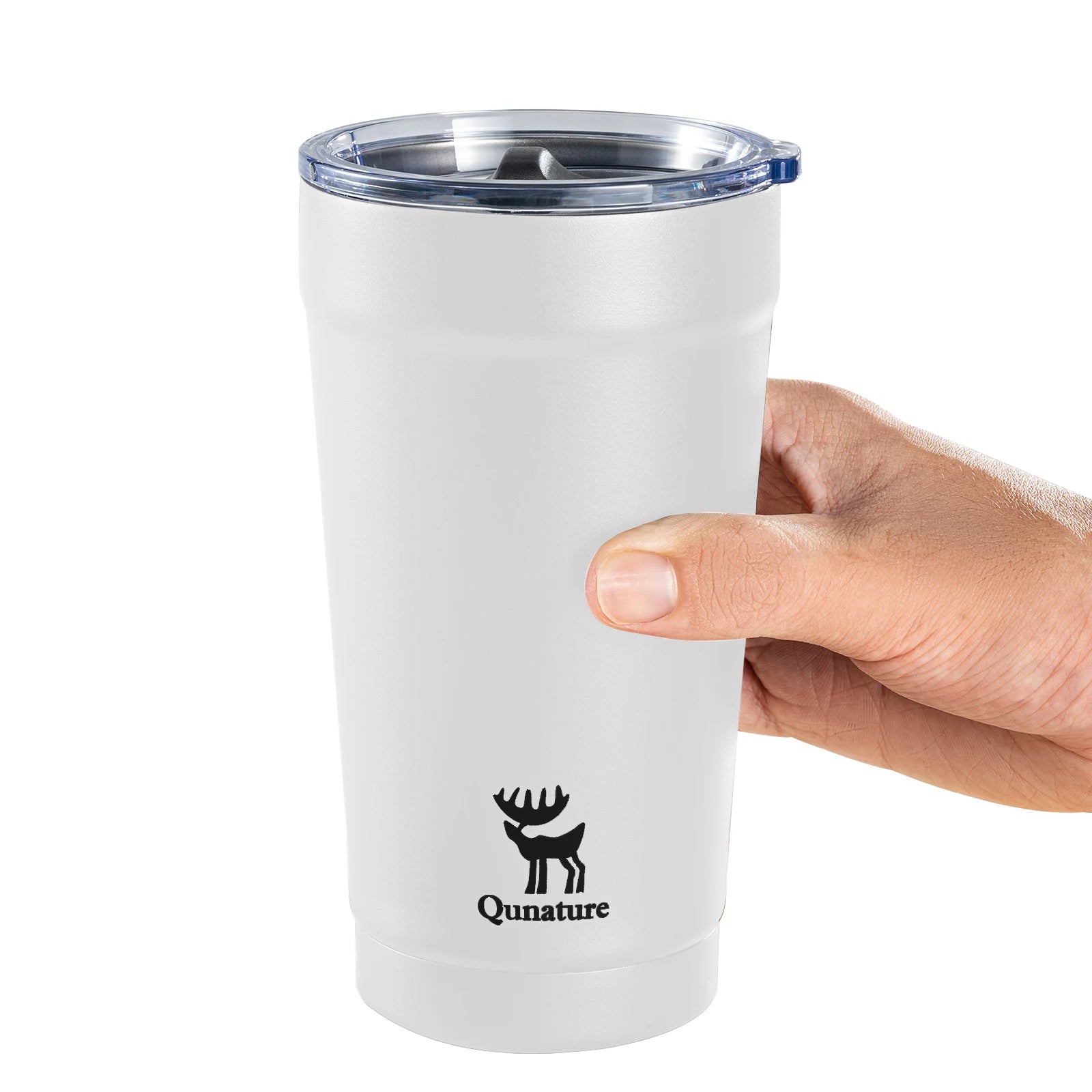 White insulated tumbler with clear lid on a white background, featuring Qunature logo.
