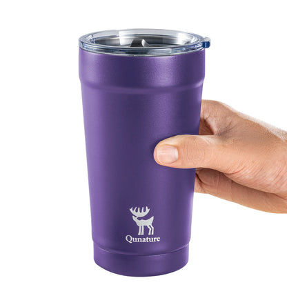 Purple insulated tumbler with clear lid on a white background, featuring Qunature logo.