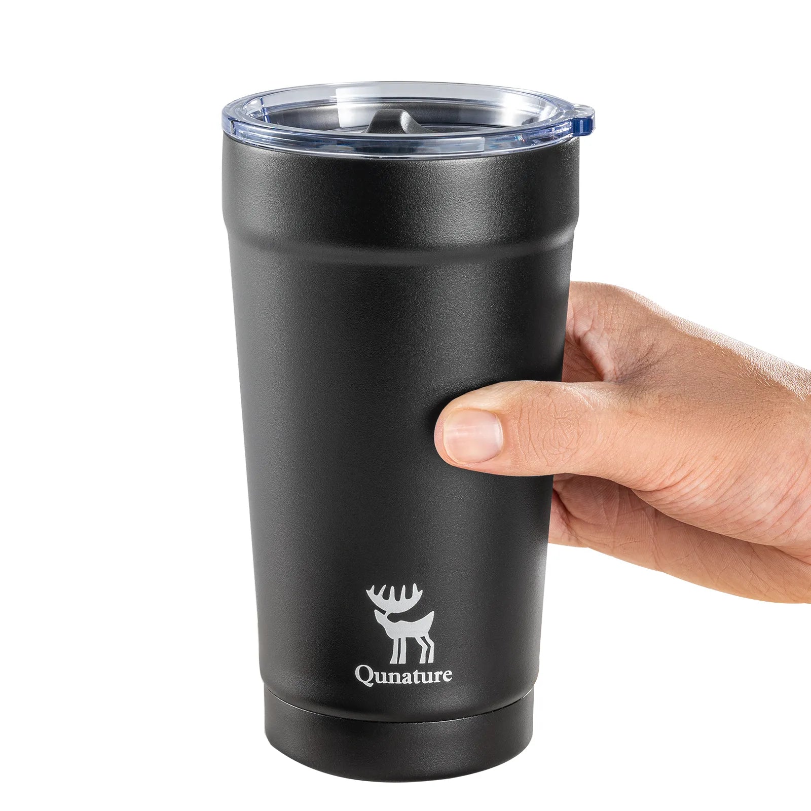 Black insulated tumbler with a visible brand logo held by a hand on a white background
