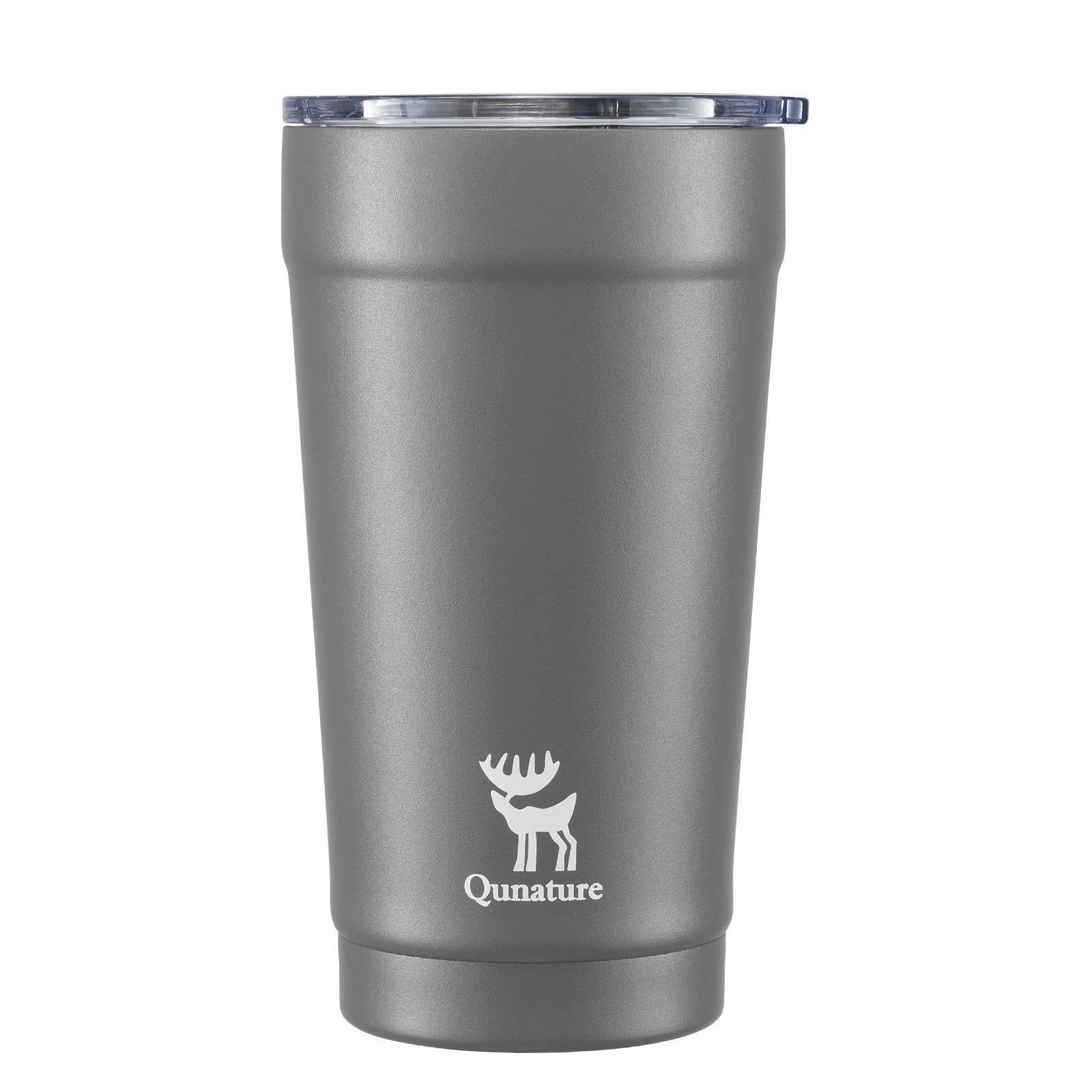 Gray insulated tumbler with clear lid on a white background, featuring Qunature logo.