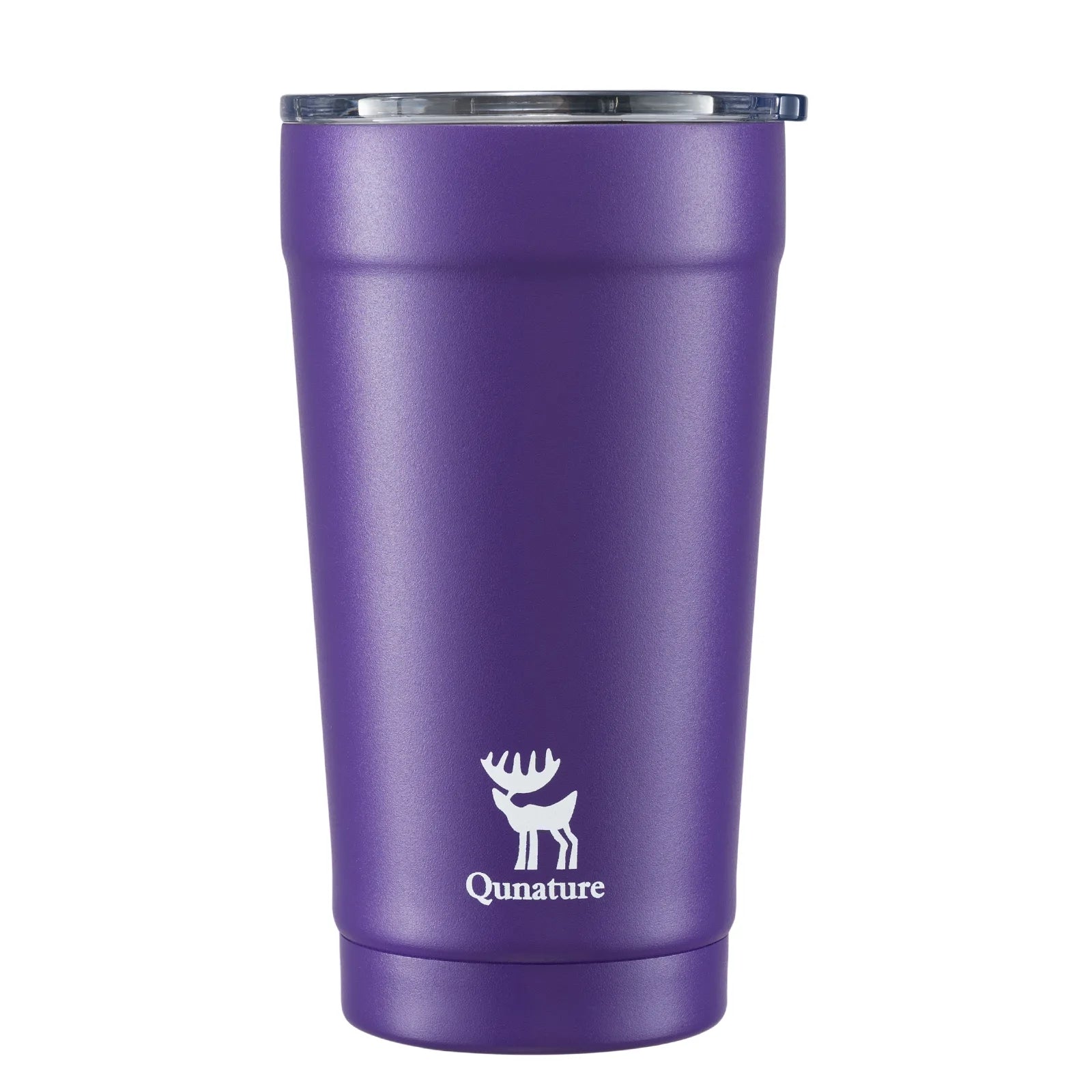 Purple insulated tumbler with clear lid on a white background, featuring Qunature logo.