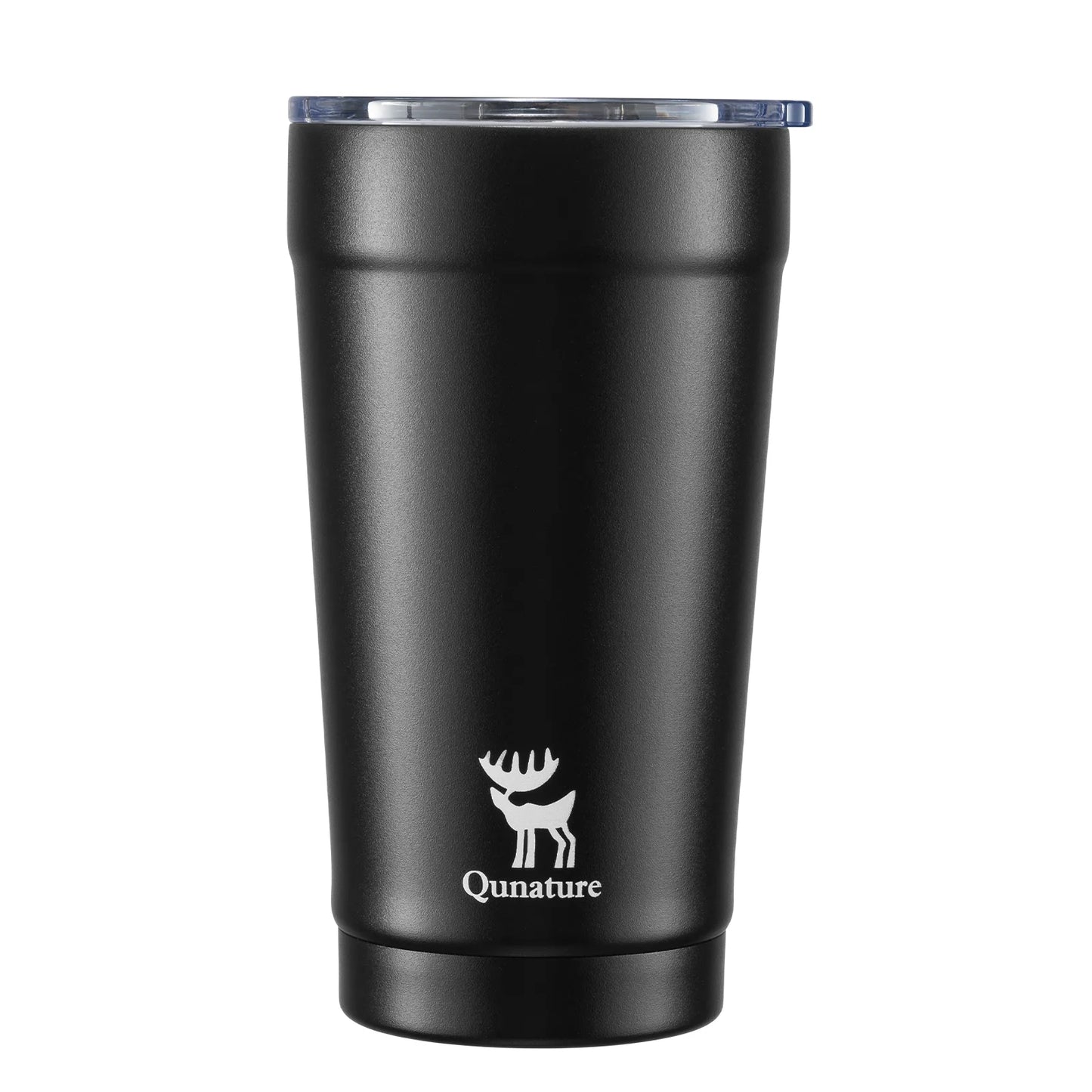 Black insulated tumbler with clear lid on a white background, featuring Qunature logo.