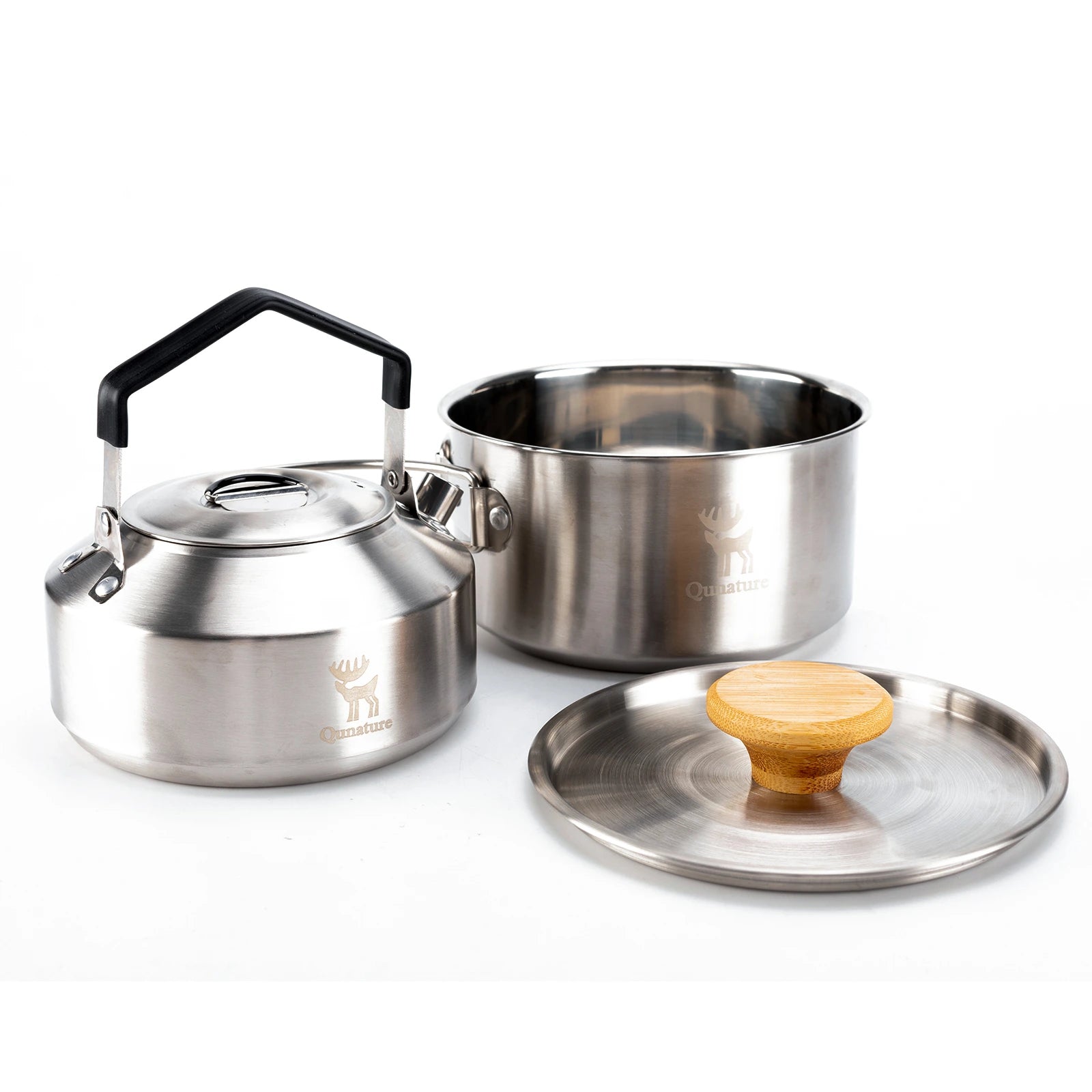 Stainless steel kettle and pot set on a white background