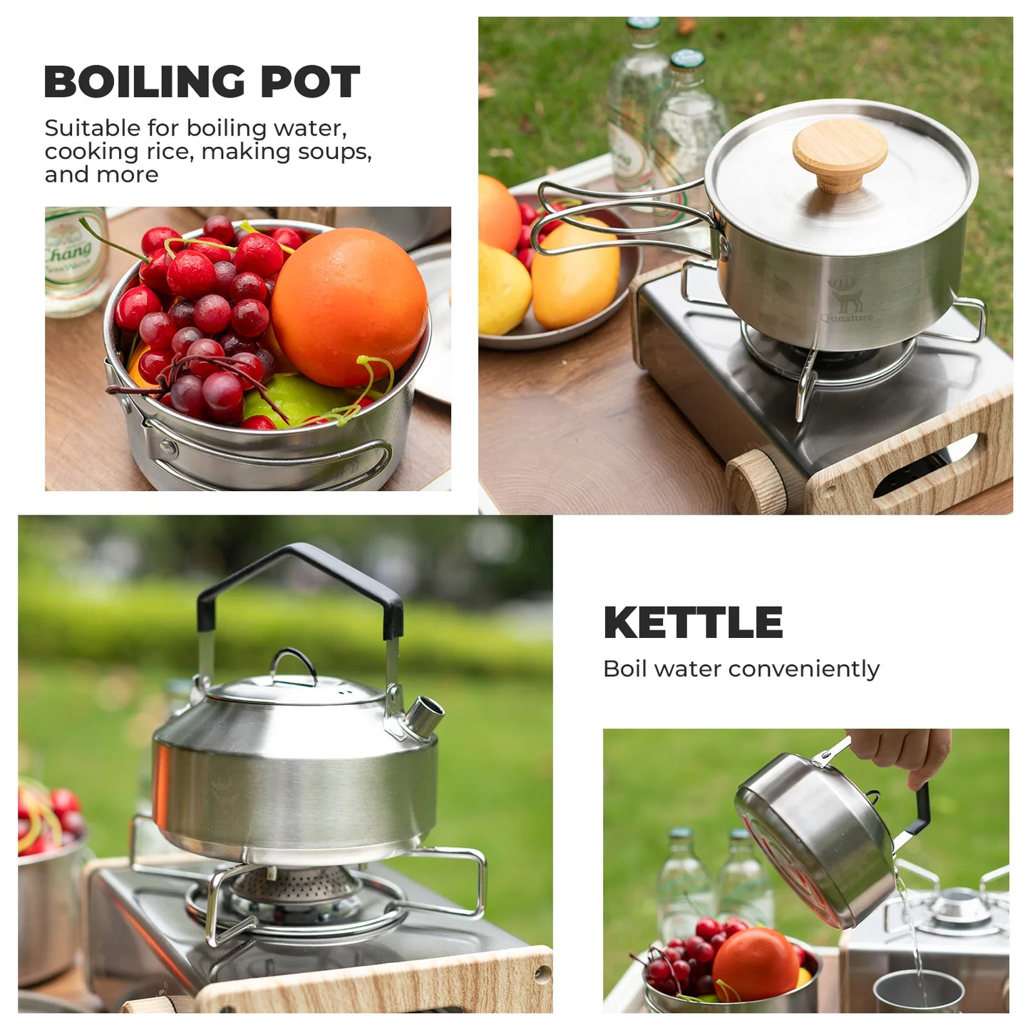 Stainless steel boiling pot and kettle with outdoor setting