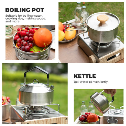 Stainless steel boiling pot and kettle with outdoor setting