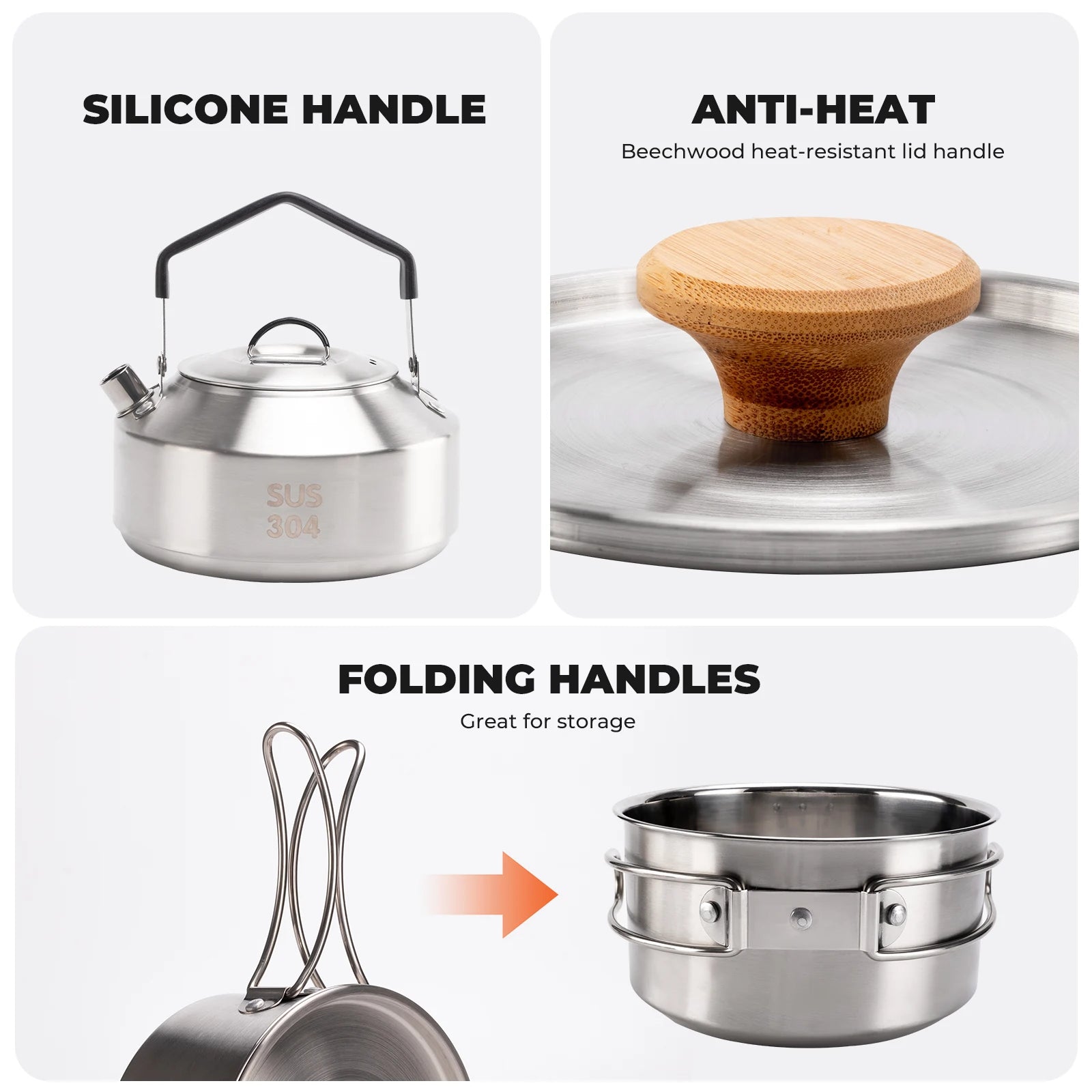 Collage of a stainless steel kettle with silicone handle, beechwood lid handle, and stacked containers with folding handles.