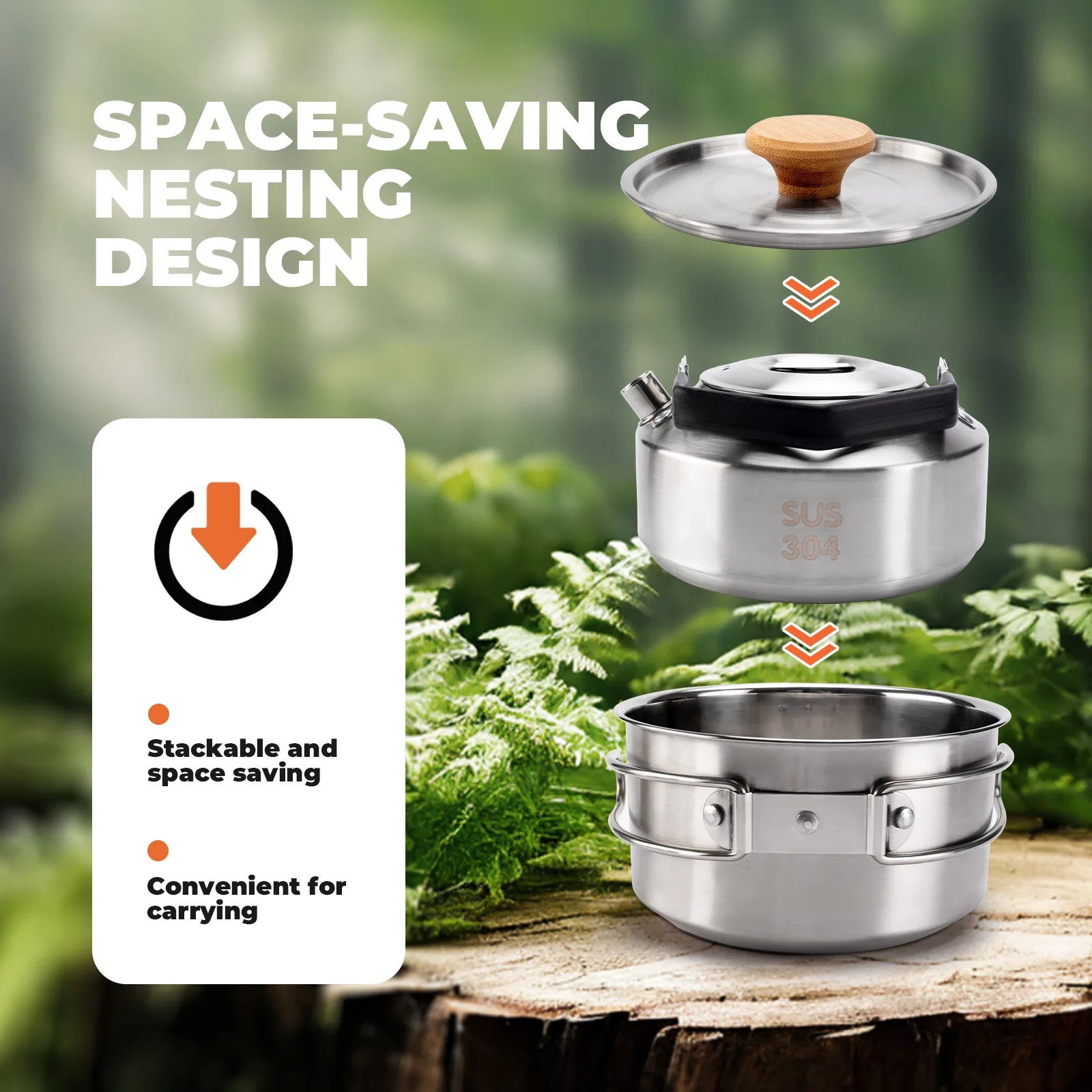 Stackable metal cookware set with a space-saving design on a natural background