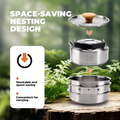 Stackable metal cookware set with a space-saving design on a natural background