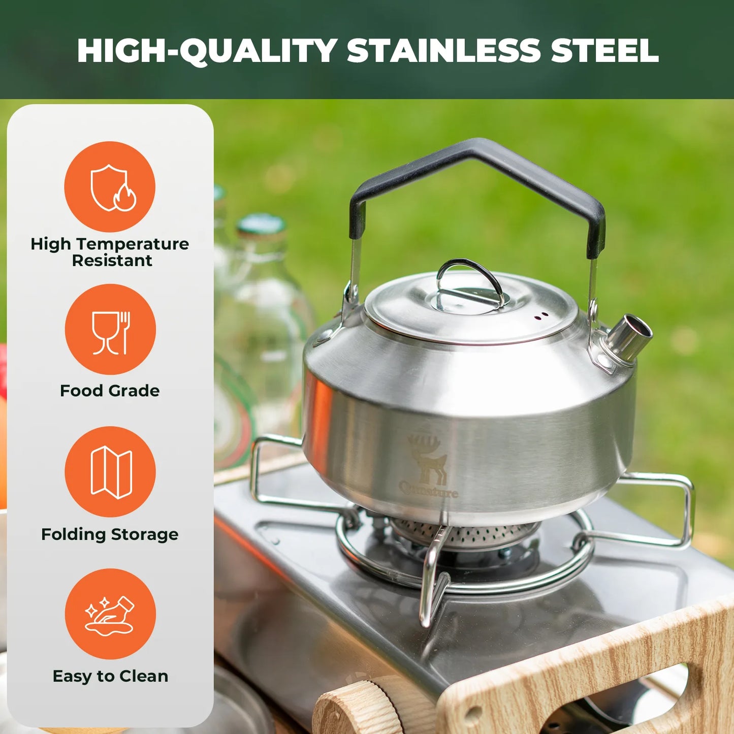 Stainless steel kettle on a camping stove with high-quality features listed.