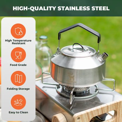 Stainless steel kettle on a camping stove with high-quality features listed.