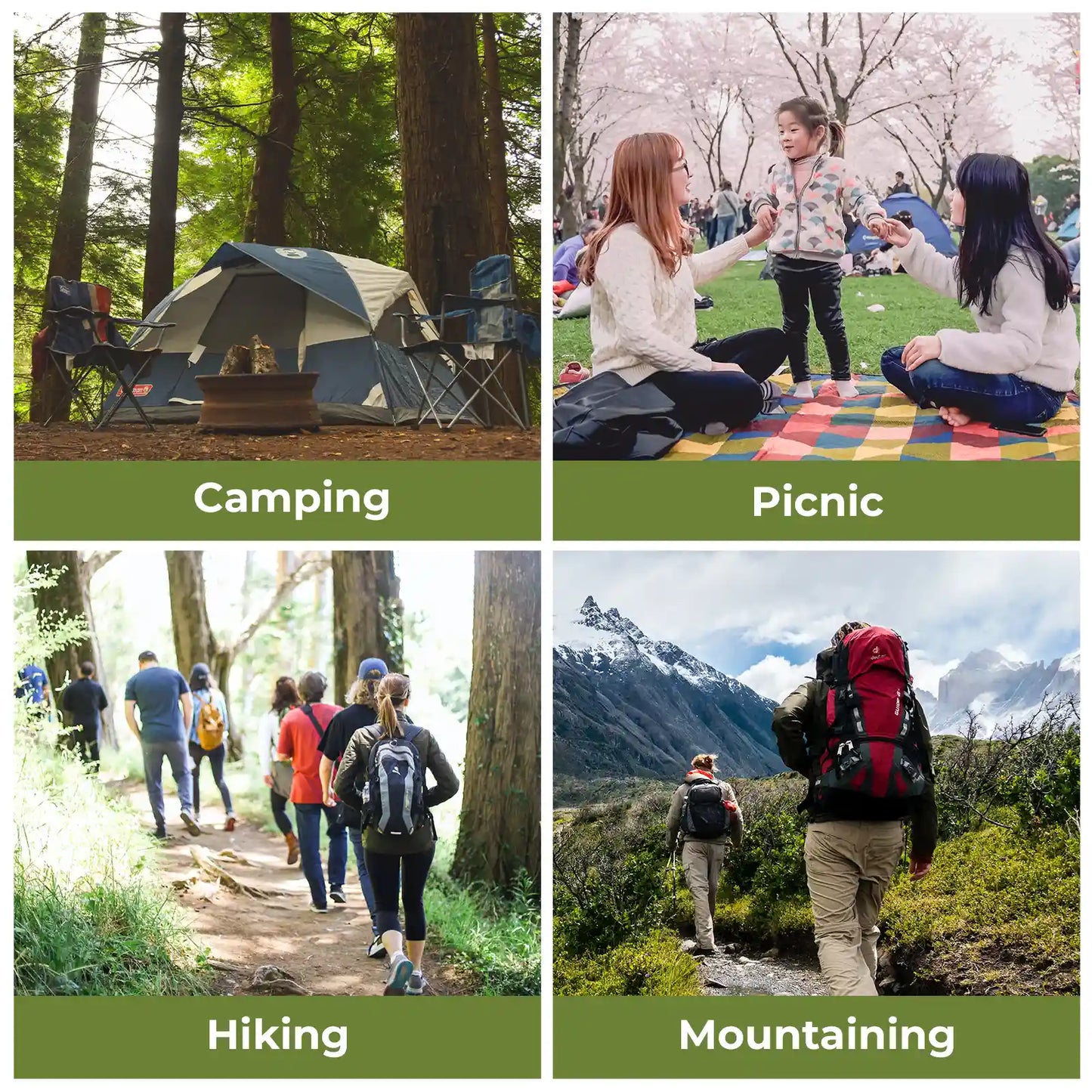 Collage of four outdoor activities: camping, picnic, hiking, and mountain climbing.