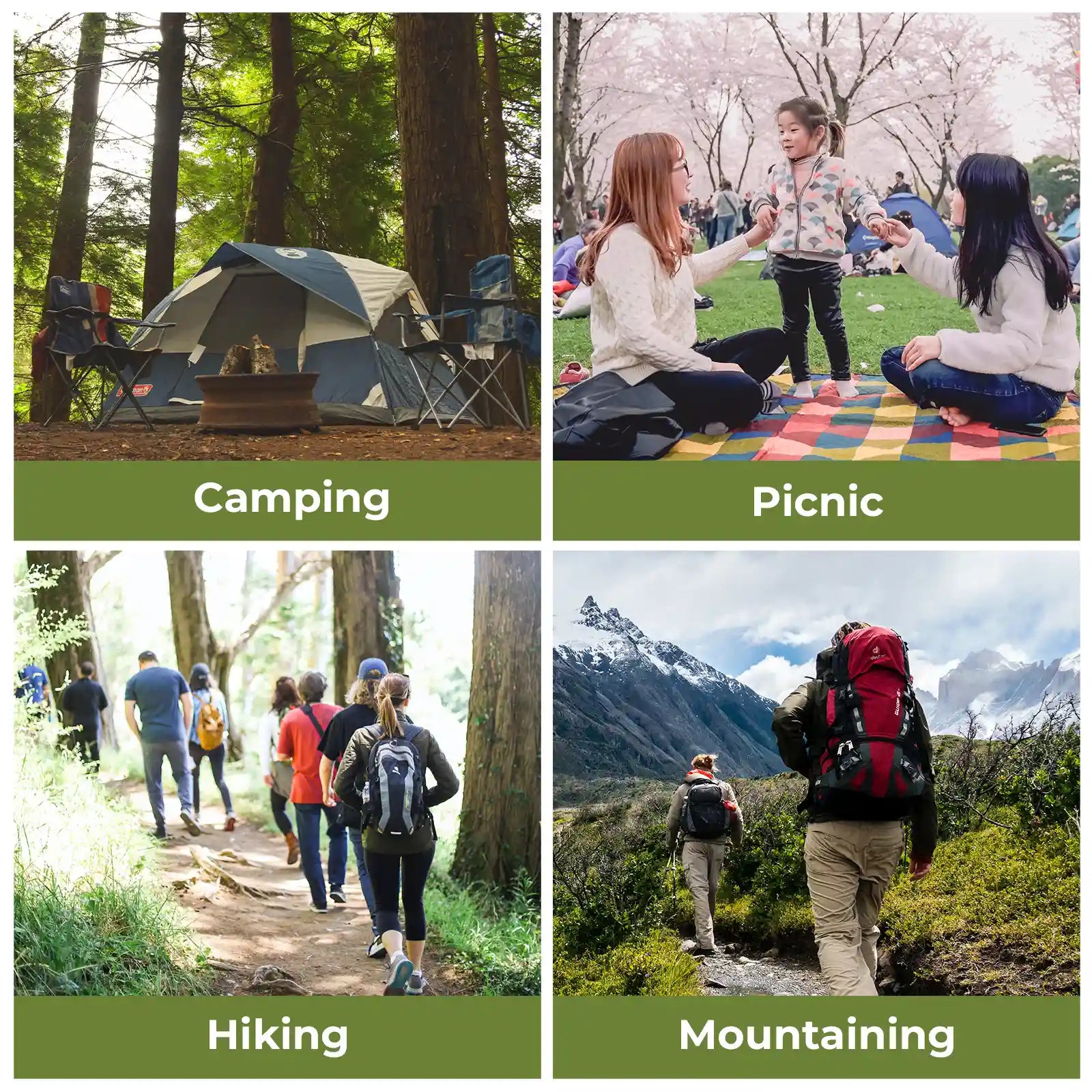 Collage of four outdoor activities: camping, picnic, hiking, and mountain climbing.