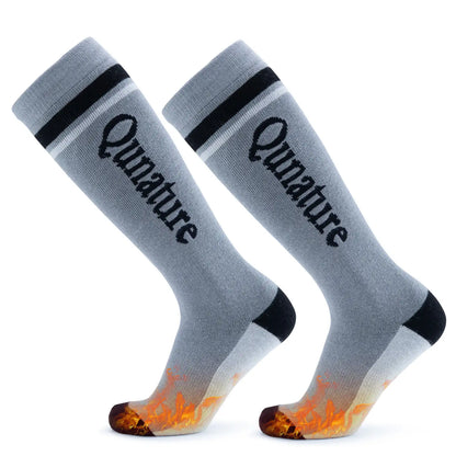 Gray knee-high socks with black band and 'Qunature' branding on a white background