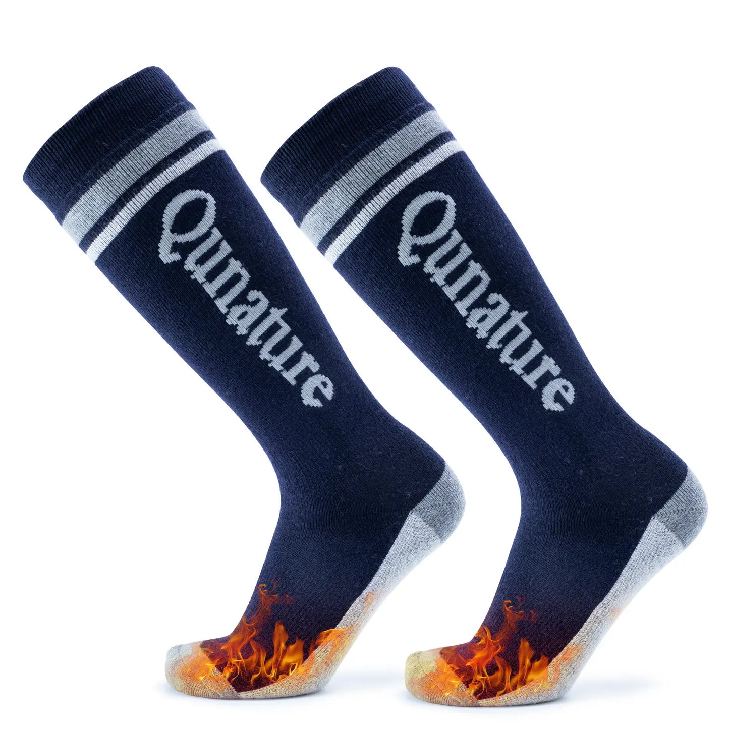 Pair of navy blue socks with 'Qunature' branding and flame design on a white background