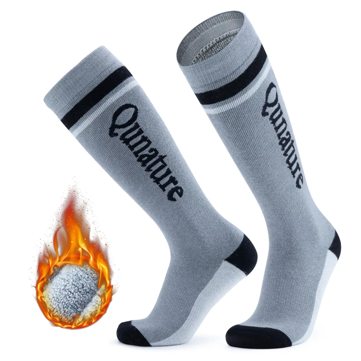 Gray socks with black accents and 'Qunature' branding on a white background.