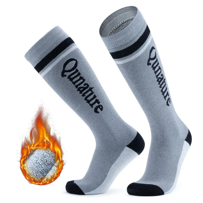 Gray socks with black accents and 'Qunature' branding on a white background.
