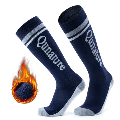 Gray knee-high socks with 'Qunature' branding and flame design on a white background