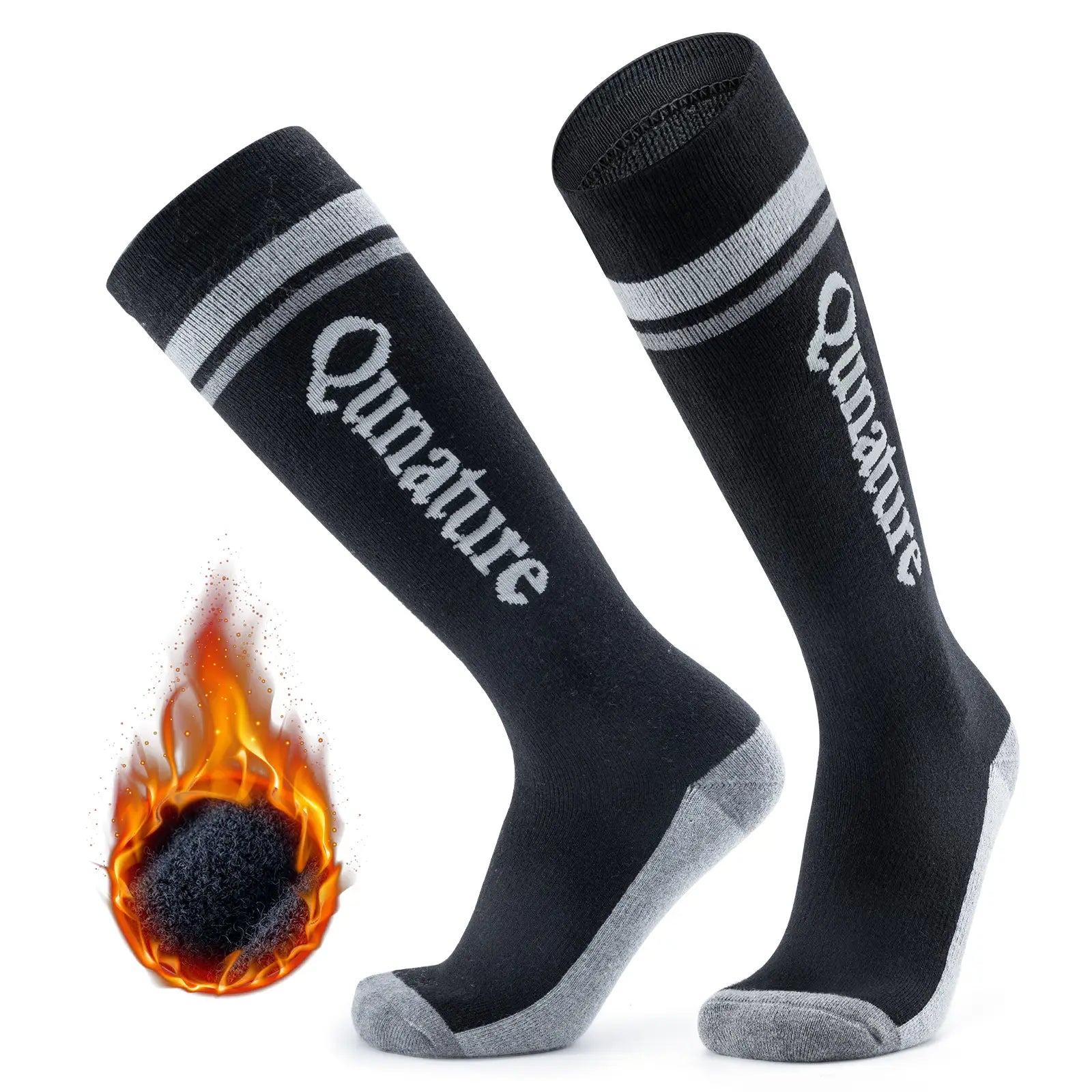 Black socks with gray stripes and 'Qunature' branding on a white background.
