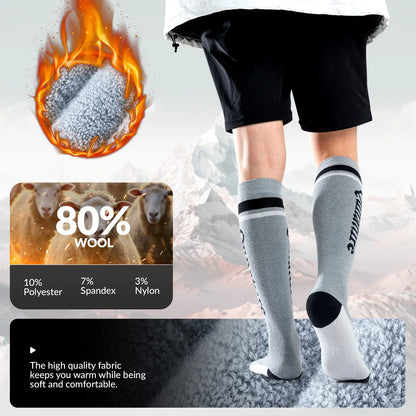 Person wearing gray knee-high socks with black accents, surrounded by text about wool content and fabric properties.