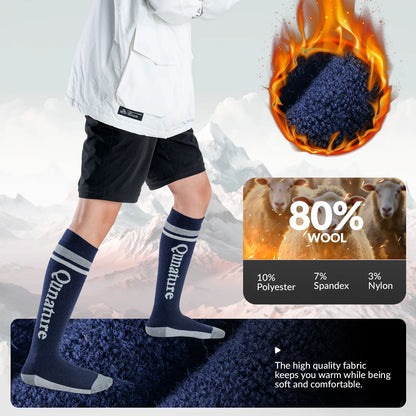 Person wearing navy socks with white branding, surrounded by images of fire and sheep, highlighting wool content.