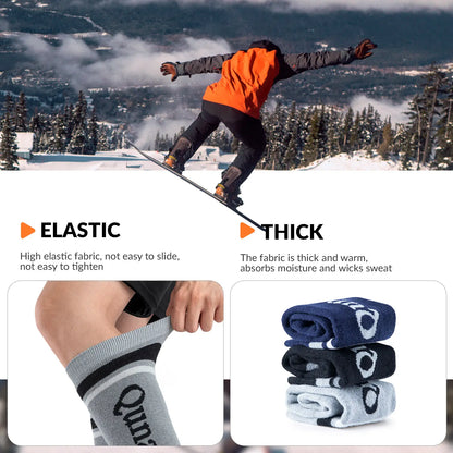 Person snowboarding with text about elastic and thick fabric, followed by images of socks.