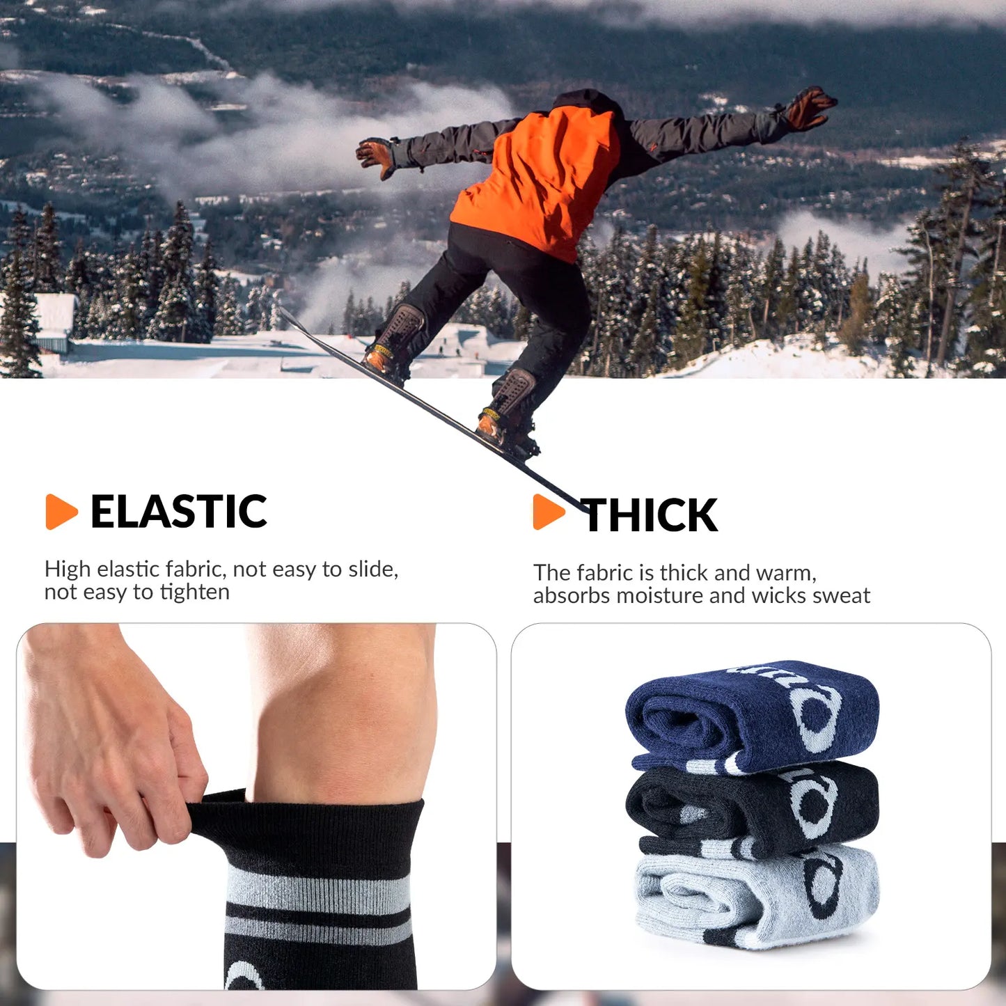 Person snowboarding with text on elastic and thick fabric, close-up of foot in sock, and stack of socks.