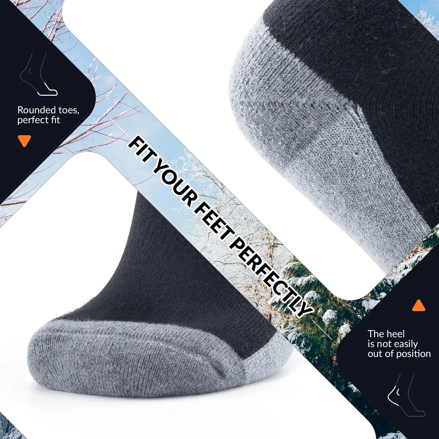 Gray and black socks with text highlighting fit and design features on a white background.