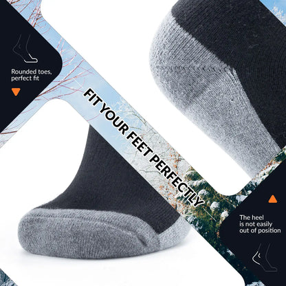 Gray and black socks with text highlighting fit and design features on a white background.