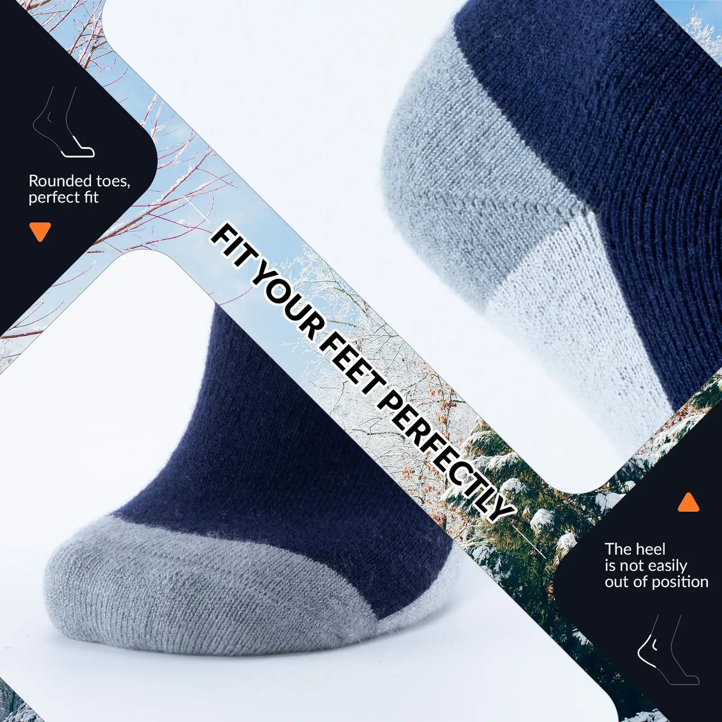Navy and gray socks with text on a white background