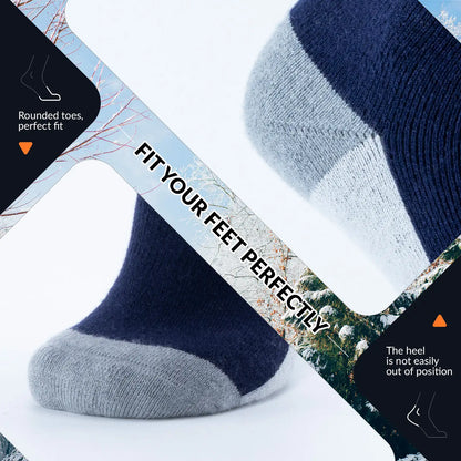 Navy and gray socks with text on a white background