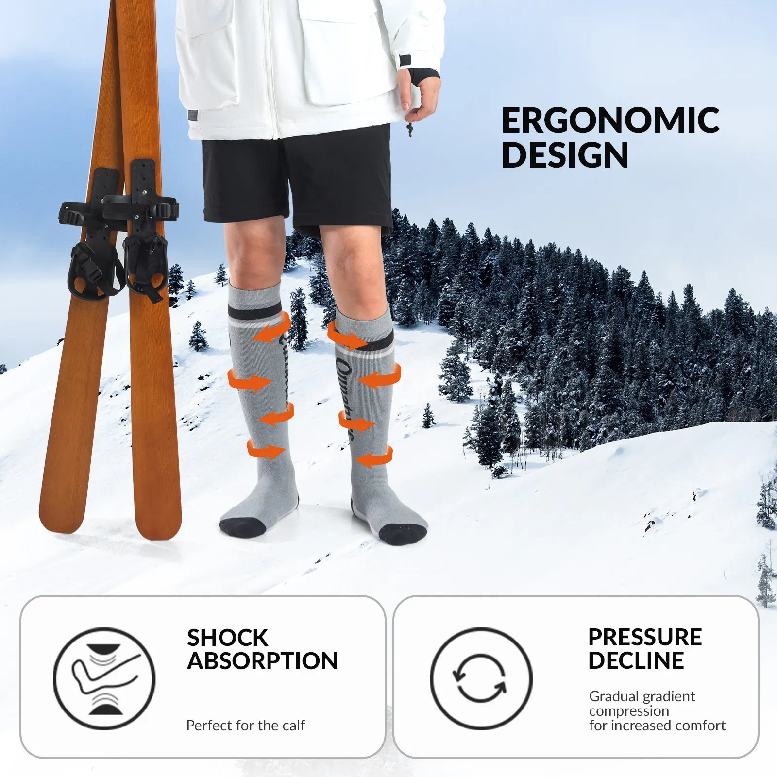 Person wearing gray socks with orange accents in a snowy landscape, holding skis.