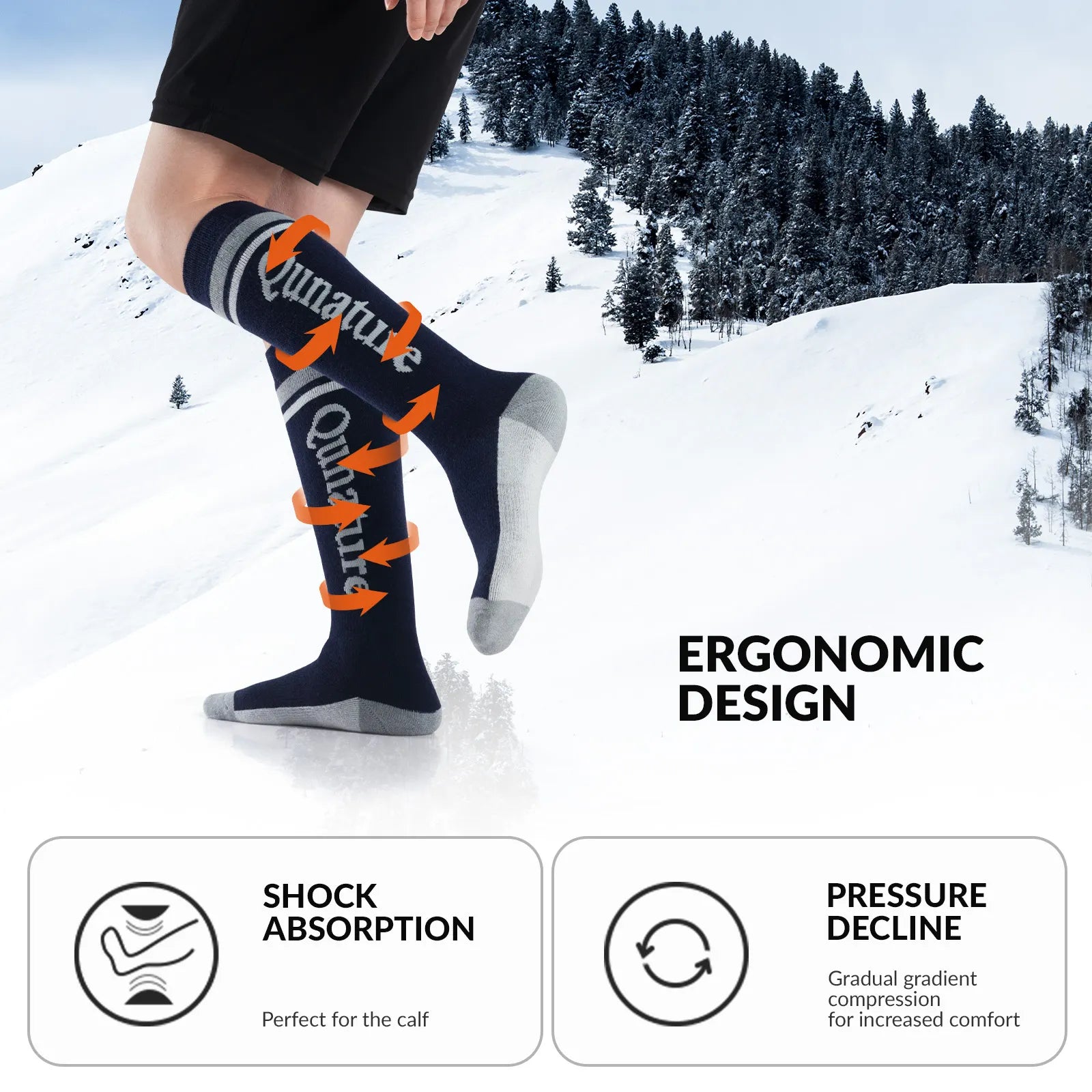 Person wearing Qunature compression socks in a snowy landscape with text highlighting ergonomic design, shock absorption, and pressure decline.