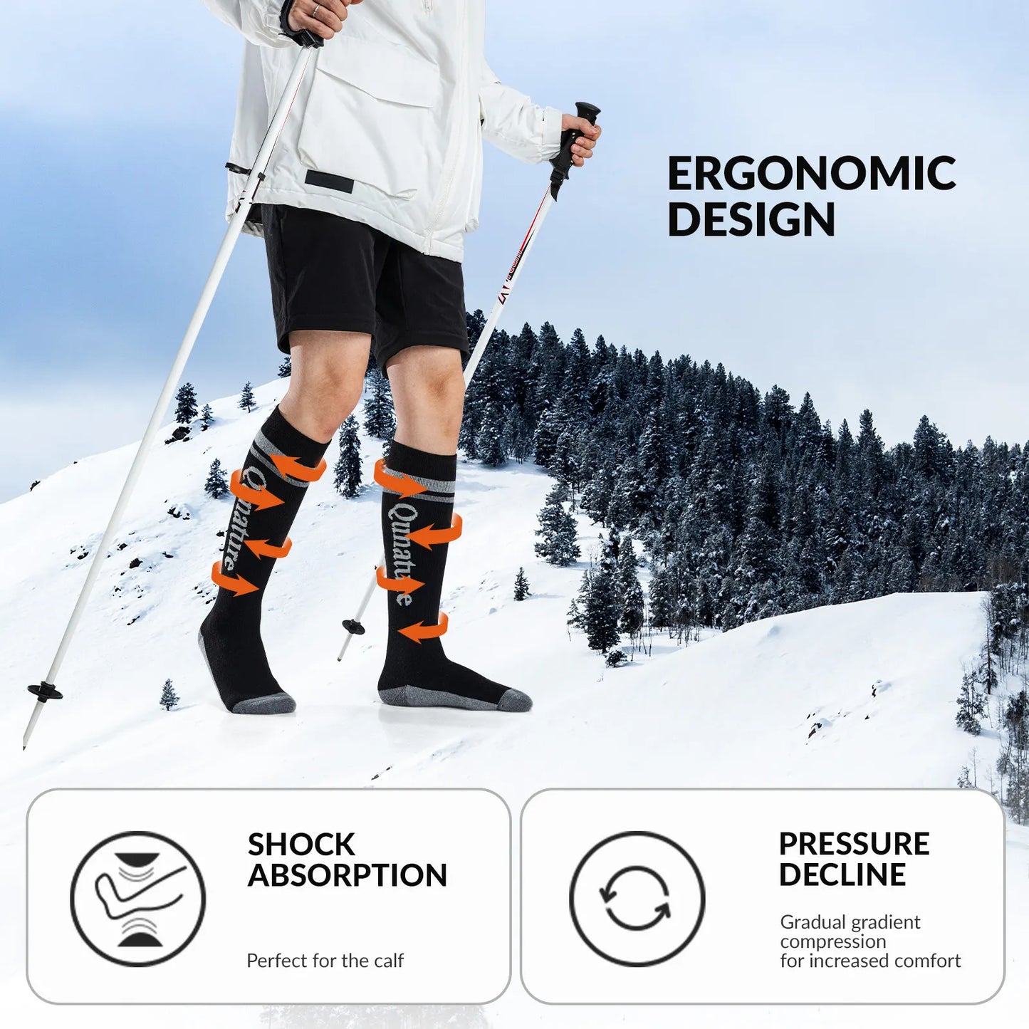 Person skiing with text highlighting ergonomic design, shock absorption, and pressure decline features.