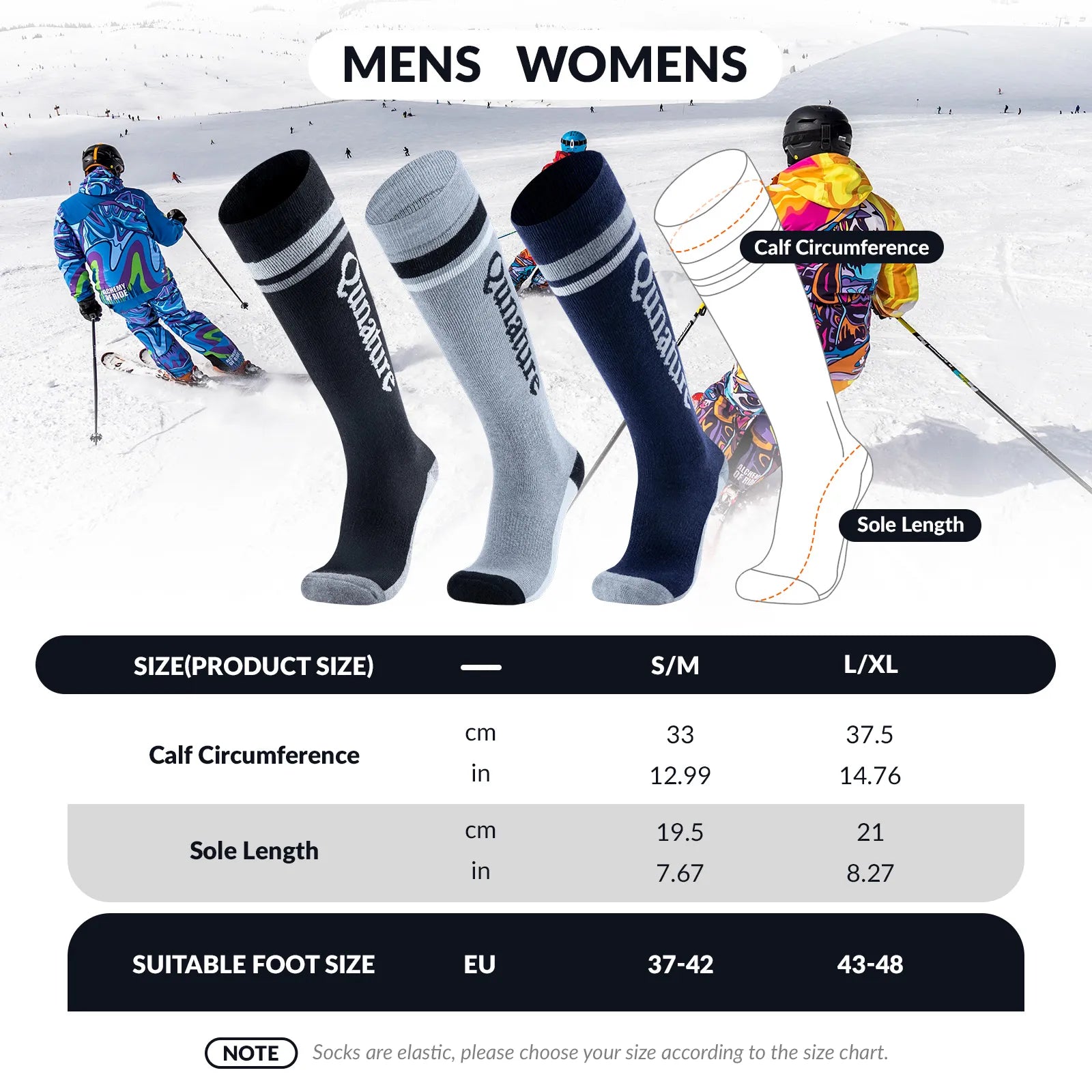 Qunature boys' ski socks with size chart and skiers in the background