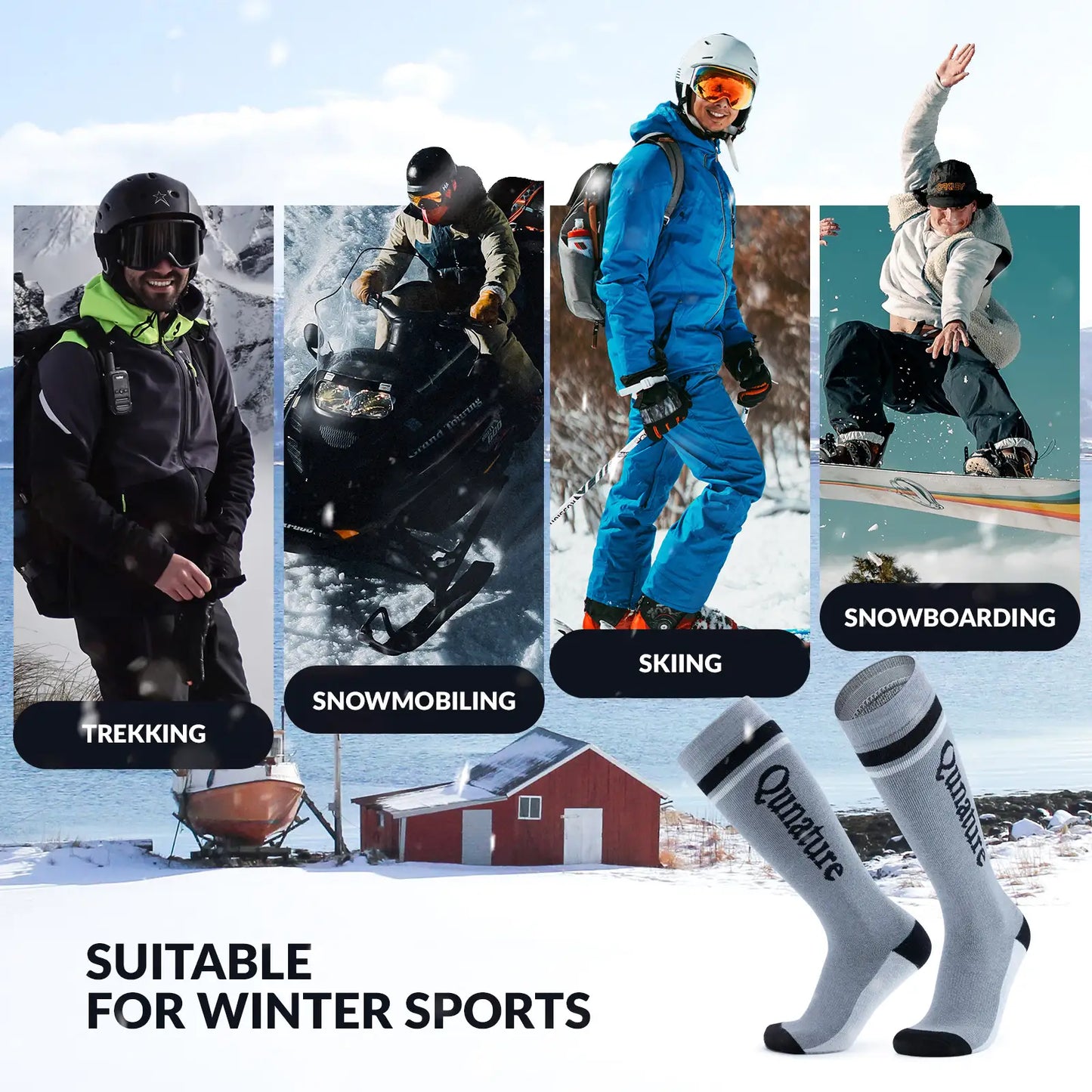 Collage of winter sports activities with people in different outfits and a focus on Qunature socks.