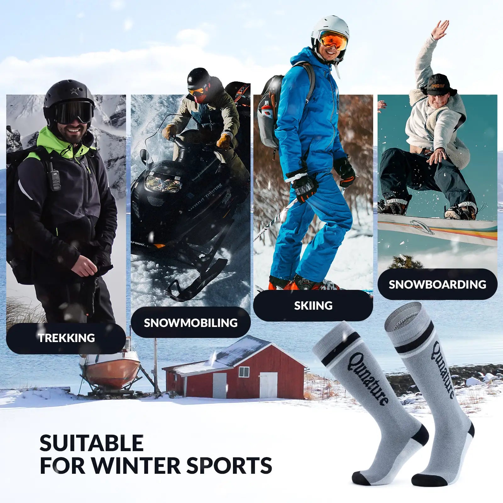 Collage of winter sports activities with people in different outfits and a focus on Qunature socks.