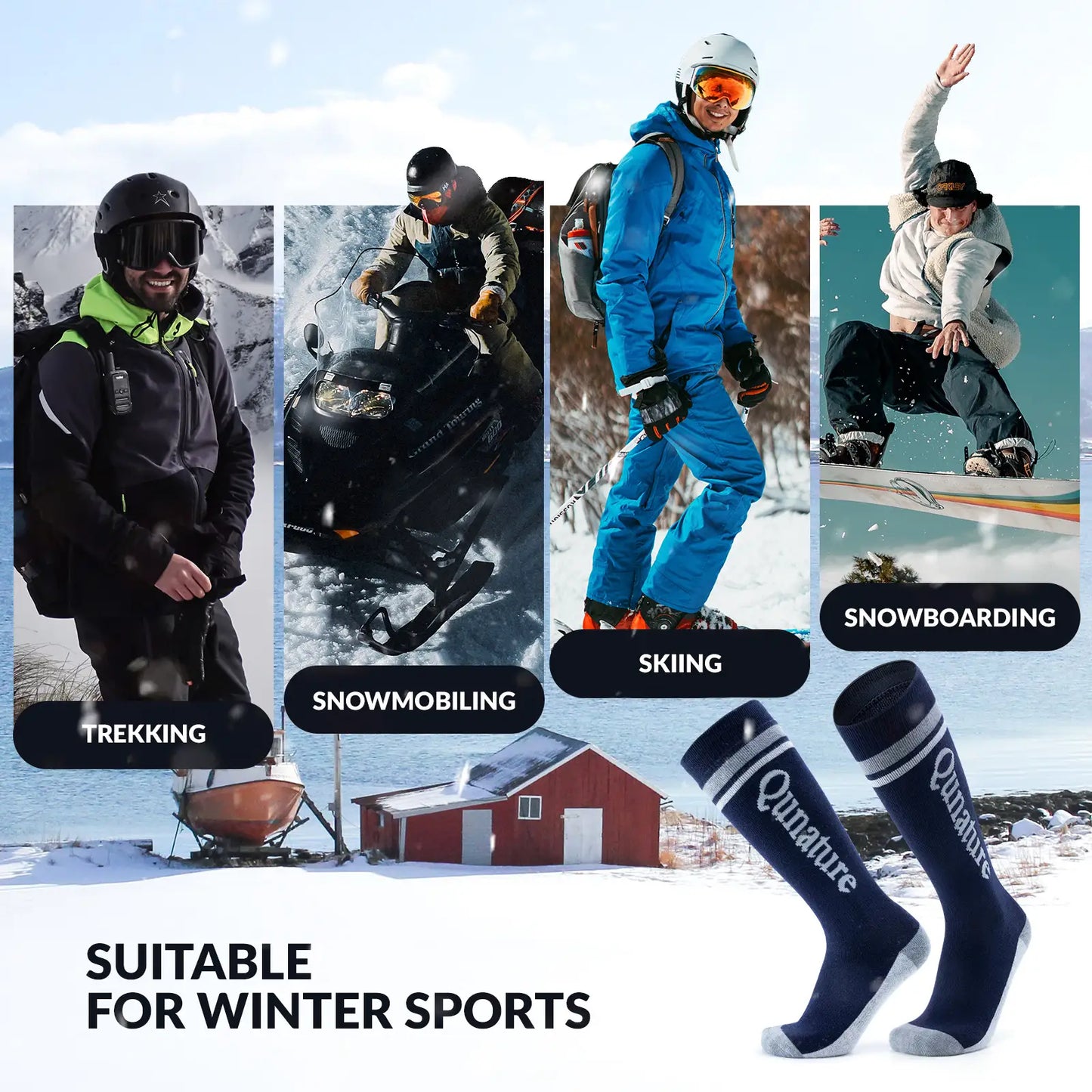 Collage of winter sports activities with people wearing Qunature socks.