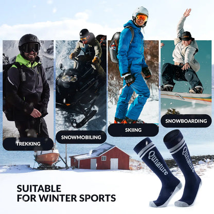 Collage of winter sports activities with people wearing Qunature socks.